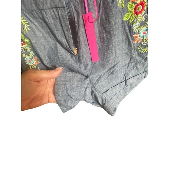 NWT Womens Crop Top & Short 2Pc Set Floral Embroidery Tie-Sleeve Size XS Blue - Picture 5 of 12